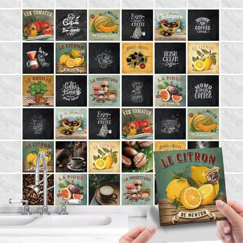 Lot de 36 Pcs Stickers Carreaux Muraux Cuisine - Autocollants Carrelage - Carrelage Vintage - Retro Stickers Muraux Décoratif Auto-Adhésif pour Cuisine Salle de Bains Mur (A, 15x15cm)