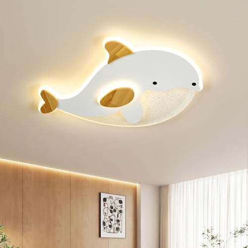 Schindora Lampara Techo Dormitorio Infantil,Forma DelfíN Plafon Led Techo Grano Blanco Y De Madera,Dimmable Con Control,28W Plafones Para Techo Led Para Cocina Decoracion Habitacion,50 * 34Cm