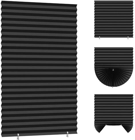 Temporary Blackout Blind - No Drill Stick on Pleated Window Curtain, Temporary Blinds with 2 Clips for Windows in Bedroom, Kitchen, Bathroom (Black 90W×180Hcm)