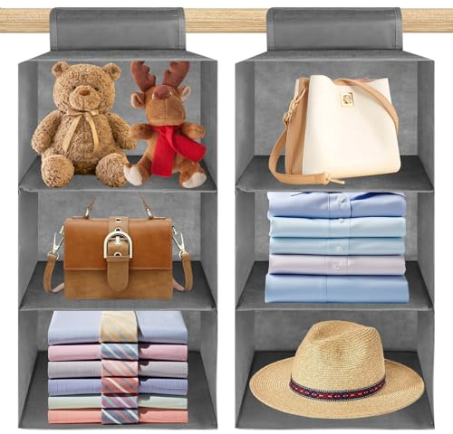 Trendecor 2 Pack Hanging Storage Organiser with 3 Shelves, Hanging Wardrobe Organiser Foldable Wardrobe Closet Storage Organiser Clothes Hanging Storage for Clothes Shoes Hats