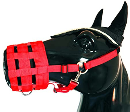 WOHPNLE Bozal de pastoreo para Caballos, bozal de fácil respiración para pastoreo con Correas Ajustables, Equipo de bozal de pastoreo de Nailon con Sujetador de Gancho y Bucle, Cabestro (roja)