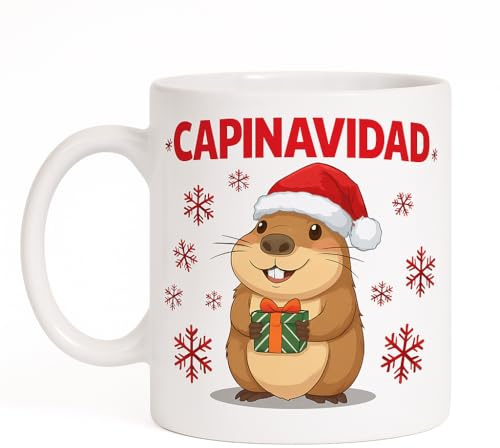 FUNNY CUP Capinavidad Taza Navideña con Capibara, Cerámica Blanca, Diseño Festivo con Capibara Navideño y Copos de Nieve, Regalo Divertido