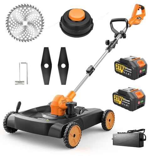 Cortacésped sin Cable 3 en 1, Recortadora & Bordeadora, Motor Sin Escobillas 3000W, 18,9 3 Cuchillas, 2×4.0Ah, Altura y ángulo Ajustables,Convient Aux Pelouses Et Aux Mauvaises Herbes (bl)