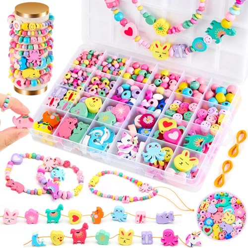 Wooden Beads for Children Aged 4 Years and Above, Beads for Bracelets, Craft Kit with Flowers, Animals and Macaron Beads Including String for DIY Bracelets