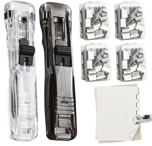 Wusideday Clam Clip Dispenser, Binder Clip Stapler with 200 Reusable Clips, Portable Compact Handheld Stapling Tool, Reusable Push Stapler for Office Home School Document Papers
