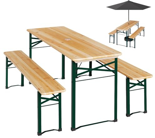 WOLTU Muebles Jardin Exterior, Mesa Cerveza y 2 Bancos Plegables, Resistentes a Intemperie, con Anillos de Sombrilla, Tablero Madera, Estructura Metal, Juego de Bistro Patio Picnic Playa Feria