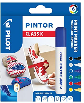 PILOT PINTOR Kreativmarker – 6 Stück in M – Klassische Farben – Farbmarker-Stifte für DIY-Projekte, für fast alle Oberflächen, schnell trocknend und gut deckend