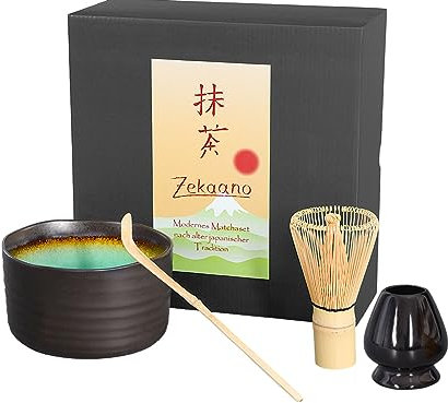 Aricola Matcha Komplettset 4-teilig, bestehend aus Matcha-Schale anthrazit/türkis mit Craquelé-Muster, Matcha-Löffel, Matcha-Besen und Besenhalter in eleganter Geschenkbox.