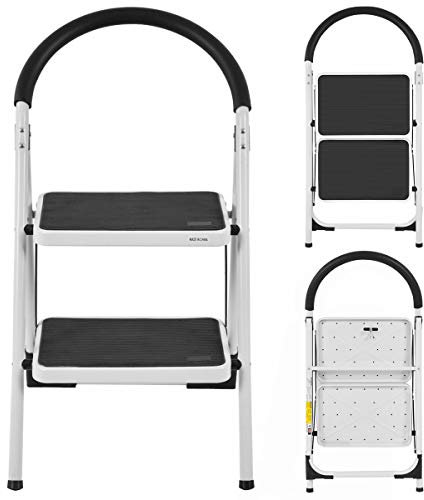 RELAX4LIFE Escabeau à 2 Marches Pliable en Fer avec Structure Stable, Marchepied Pliante avec Poignée, Échelle Multi-Usage pour Ménage, Bureau, Capacité de 150 kg (2 Marches)