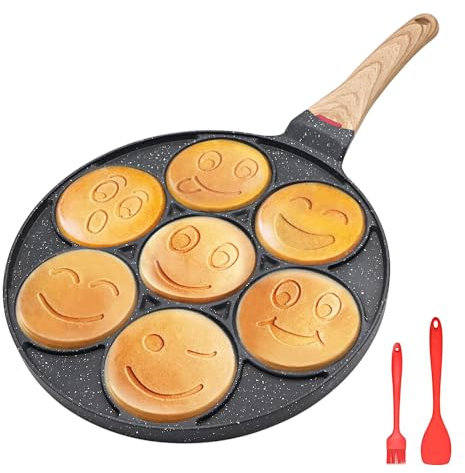 Bobikuke Padella Pancake Smile, Pancake Piastra Antiaderente 7 Fori Padella Frittata Piatto Colazione per Bambini 26 cm - Nero