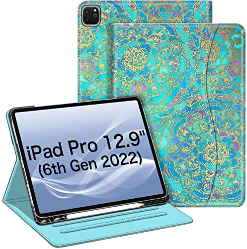 FINTIE Coque pour iPad Pro 12.9 Pouces 6e/5e/4e/3e Génération (2022-2018) | Housse Multipositions avec Porte-stylet Intégré et Poche Frontale de Document, Jade