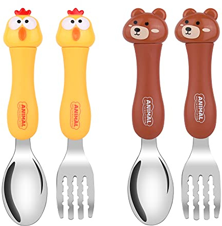 Vicloon 4pcs Tenedor y Cuchara de Acero Inoxidable para Niños, Cubiertos Infantilescon Caja Antipolvo,Utensilios para Niños Pequeños Tenedor y Cuchara para bebe Aprendizaje