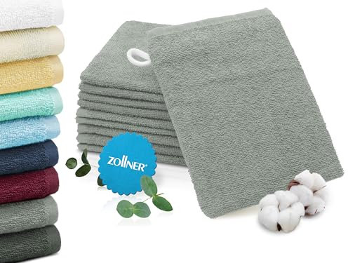 ZOLLNER 10er Set Waschhandschuhe in 16x21 cm - saugstarke und weiche Waschlappen in hellgrau - mit praktischem Aufhänger - waschbar bis 60°C - Baumwolle - Hotelqualität