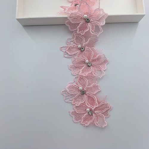 BuySK 2 meter 3D blomma spetskant pärlor blommigt broderat spetskant tyg blommiga applikationer spetsband handgjorda gör-det-själv sytillbehör hantverk för kostym hatt dekoration (rosa)