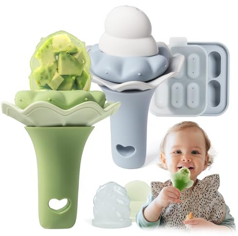 Moonkie Fruchtsauger Baby mit Gefrierschrank Tablett, BPA-Frei Silikon Fruchtschnuller mit Zwei Größen Beutel, 4 Monate+ Zahnungshilfe, Geschenk zur Babyparty, 2 Stück(Estragon/Himmelblau)