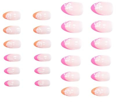 LOZTBUE Smalto per unghie a mandorla da 24 pezzi, smalto medio, unghie artificiali a fiore bianco, smalto rosa con motivo ibisco, unghie artificiali per donne