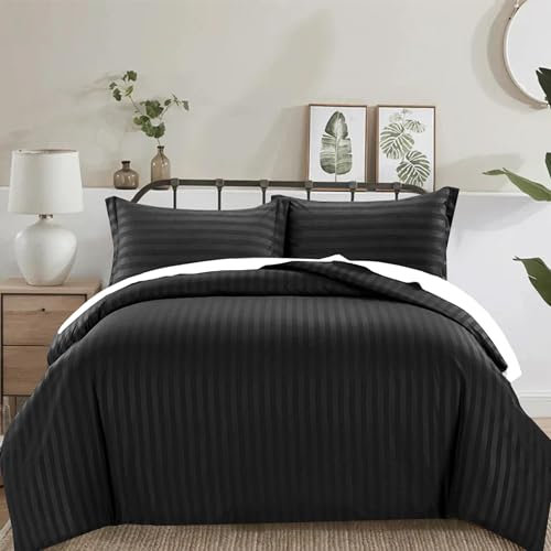 PRIME LINENS 3 Piece Duvet Cover Set Satin Stripes Quilt Cover Bedding Sets with Pillowcases Hotel Quality Ultra Soft Hypoallergenic Machine Washable (Black, Double)