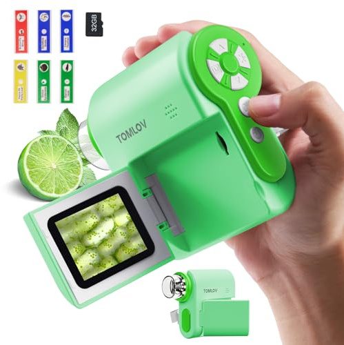 TOMLOV P20 Microscopio Digitale Portatile, Miniscopio 3-in-1 per Bambini, Telecamera DV 1080P con Schermo LCD da 2, Compatibile con PC, 4 Ore di Autonomia, 6 Luci LED, 6 Vetrini, 32GB (Verde)
