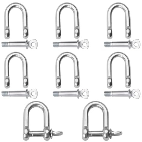 8 Pcs M5 D Shackles Galvanized Carbon Steel, 5mm(3/16) D Ring Heavy Duty Screw Pin Shackle with Pins for Marine Mounting Camping Sports Hiking Accessories and Rope Chain Link (Silver)