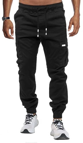 KUNJLELP Mens Cargo Joggers Multi-Pocket Design Cotton Work Trousers for Casual Outdoor Hiking UK,Black 04,L