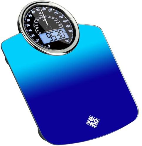ZENO Bilancia Pesapersone Ibrida - NUOVO - Digitale & Analogica 2-in-1 - Fino a 180 kg - Ampio Display con Retroilluminazione - Robusto Vetro Temperato - Lettura Facile - Blu sfumato