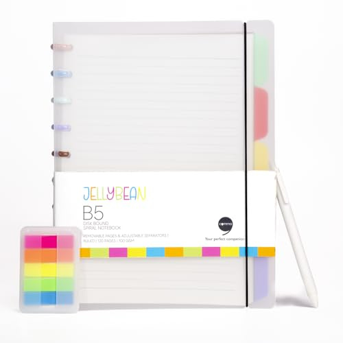 Comma Jellybean Disk-Bound Spiral Notebook with Pen & Sticky Notes | B5 Size | 100 gsm 120 Ruled Pages & 5 Colourful Dividers | Removable & Adjustable Pages and Dividers | Multi-Coloured Disk Binding