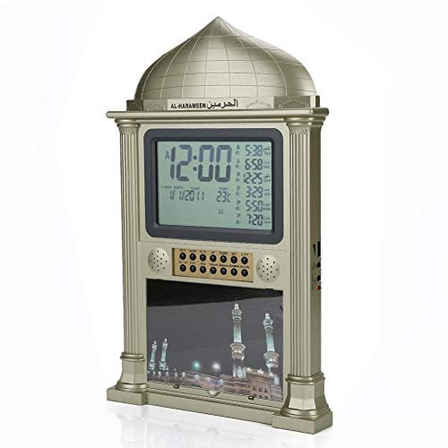 Hztyyier Digitale Gebetsuhr Kunststoff Islamischer Kalender Zeitanzeige Wecker Wanduhr Home Office Dekoration(Golden)