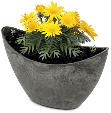 Bac à plantes ovale pour l'extérieur, de 24 cm, haut style vintage, en anthracite et noir, comme pot de fleurs, cache-pot pour jardin, balcon ou cimetière comme bijou funéraire