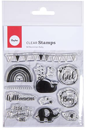 Rayher Clear Stamps Välkommen baby, båge 97 x 102,5 cm, 12 motiv, klar, transparent stämpel, transparent, silikonstämpel, 50257000