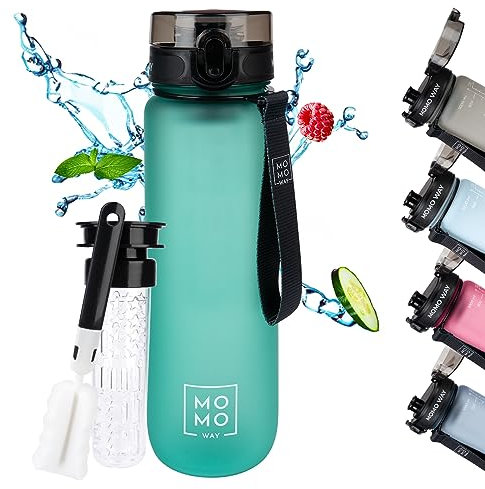 MOMO WAY Trinkflasche Tritan Wasserflasche Mit Früchtebehälter Wiederverwendbare Sportflasche Für Schule Gym Geschenk BPA-Frei 1-Klick Verschluss Mint 1000ml