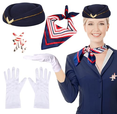 XEPST 4 UDS Disfraz de Azafata para Mujer - Conjunto de Accesorios de Disfraz de Azafata con Sombrero de Azafata Bufanda Guantes Broches para Mujeres Niñas Disfraces de Halloween Cosplay Carnaval