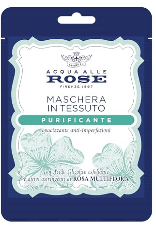 Acqua alle Rose, Maschera Viso in Tessuto Purificante con Attivi Astringenti di Rosa Multiflora e Acido Glicolico, Azione Opacizzante Anti-Imperfezioni, Riduce la Dimensione e Aspetto dei Pori 1PZ