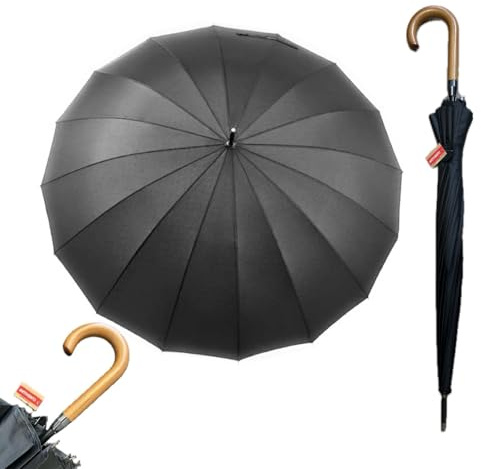 Paraguas Grande XXL Resistente Al Viento, 16 Varillas Reforzadas, Paraguas Plegable Antiviento Dama o Caballero,Mujer Hombre Negro,Grande, Automático,110cm Diametro MANGO MADERA