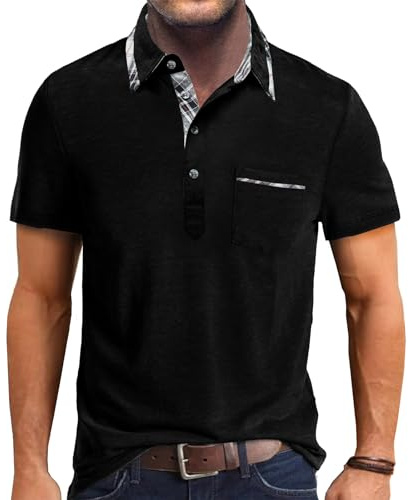 Comilaka kortärmad ledig pikétröja för män klassisk knappkontrasterande färger T-shirts med ficka snygga toppar