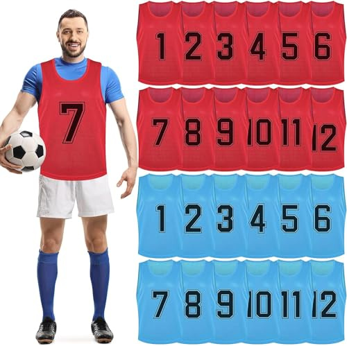 Confezione da 24 gilet in rete di nylon Scrimmage per allenamento di squadra Pinnies maglie treno gilet per adulti sport basket calcio calcio, rosso, blu., 36x63x57cm