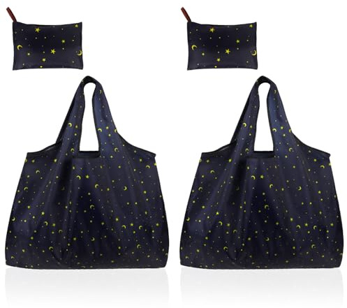Niuoppy 2 Pcs Reusable Foldable Shopping Bags, Washable Tote Shopping Bags, Washable Grocery Bags for Household Outdoors Daily (Star)