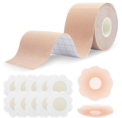 Dunkwckore Pezoneras Adhesivas Invisibles, Sujetador Adhesivo Push Up Invisible, 5m × 5cm Cinta Adhesiva Pecho, 1 Par de Cubre Pezones de Silicona + 5 Pezoneras Tela, Boob Tape, Adecuado para Copa A-E