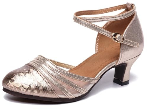 Zapatos de Baile Latino y Salsa para Mujer Zapatos de Tango Zapatos de tacón de Bloque con Tiras(Champagne-3.5CM.EU 39)