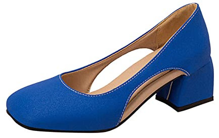 MVNB Women's Chunky Low Block Heels Mary Jane Closed Toe Work Pumps Comfortable Round Toe Dress Wedding Shoes Slip On Cushioned Wide Fit Extra Wide Fitting Width Light Shoes (Blue, 7)