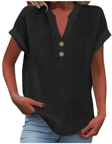 Women Tops, Ladies Tops 2025 Women's Summer Cotton Linen Cap Sleeve T-Shirt Button V Neck Tunic Top Fashion Baggy Solid Plain Casual Shirts Trendy Blouse Black