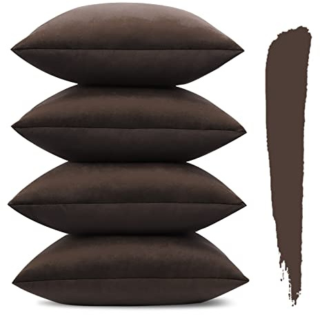 Sungeek Set med 4 dekorativa kuddöverdrag enfärgade mjuka sammetskuddöverdrag med osynlig dragkedja fyrkantiga kuddöverdrag för soffa bil uteplats sovrum vardagsrum 40 x 40 cm chokladbrun