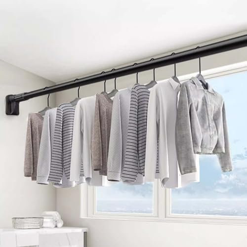 Adjustable Wardrobe Rod, Clothes Rail Extender, No Drilling, Stainless Steel Shower Curtain Rod, Garment Organizer, Black, 0.9~1.6m (35.4~63in)