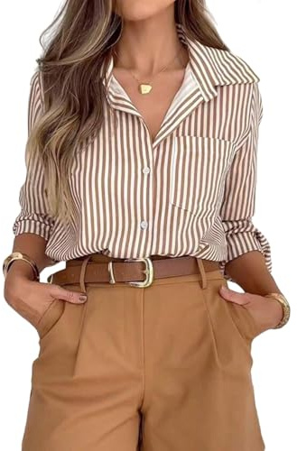 MINTLIMIT Women's Striped Button Down Shirts Long Sleeve Stripes Shirt Casual Collared Blouses Tops with Pocket