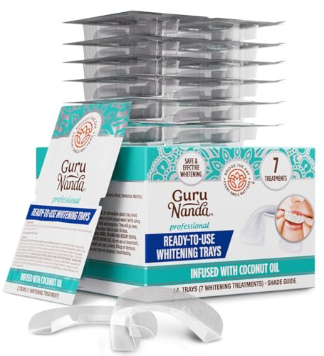 GuruNanda Ready-to-Use Prefilled Whitening Trays (7 Treatments) with 8% Hydrogen Peroxide to Remove Surface Stains, Fast & Easy Teeth Whitening for Sensitive Smiles