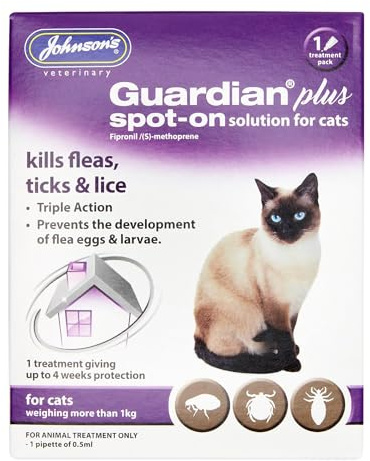 Johnsons Guardian Plus Spot On for Cats Over 1kg - 1 Treatment, Kills Fleas, Ticks & Lice, Stops Flea Eggs Hatching