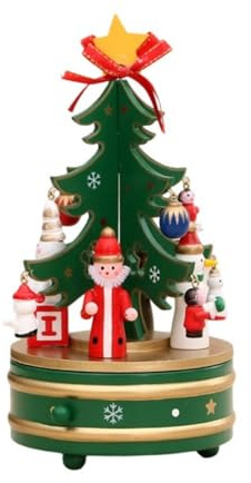 Boîte à musique rotative en bois fabriquée à la main en forme de sapin de Noël avec figurines pour fêtes, décoration de table, étagère, décoration de Noël, boîte à musique