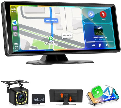 Motorsi Carplay bärbar bilradio, Bluetooth-skärm för bil 10,26 tum pekskärm, 12-24 V Smart Dash Andriod Auto GPS Navi AUX EQ Mirror Link FM röstassistent 64G TF bakre kamera