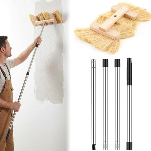 Singhoow 1 Pcs Double Crow's Foot Drywall Texture Brush with Adjustable Stainless Steel Extension Pole - Sisal Fiber Wall Texture Tool for DIY & Professional Use, 14 x 16-1/2 Inches