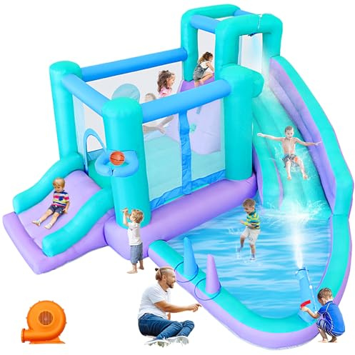 DIYJOTOFUN Castillo hinchable con soplador, tobogán acuático inflable 9 en 1 con salto burgo, piscina rociadora, pared de escalada, canasta de baloncesto, pistolas de agua, pelota de objetivo y