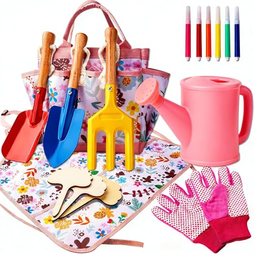 Kids Gardening Set - Gardening Tools for Kids includes Watering Can, Shovel, Rake, Gloves, Waterproof Apron and Garden Tote Bag, Children Garden Tool Outdoor Toys Gifts for Boys Girls Age 3 4 5 6 7 8